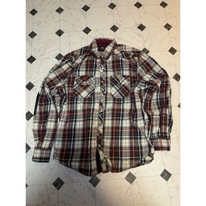 Point Zero‎ Plaid Western Snap Button-Up Shirt Burgundy Red Men's Medium
